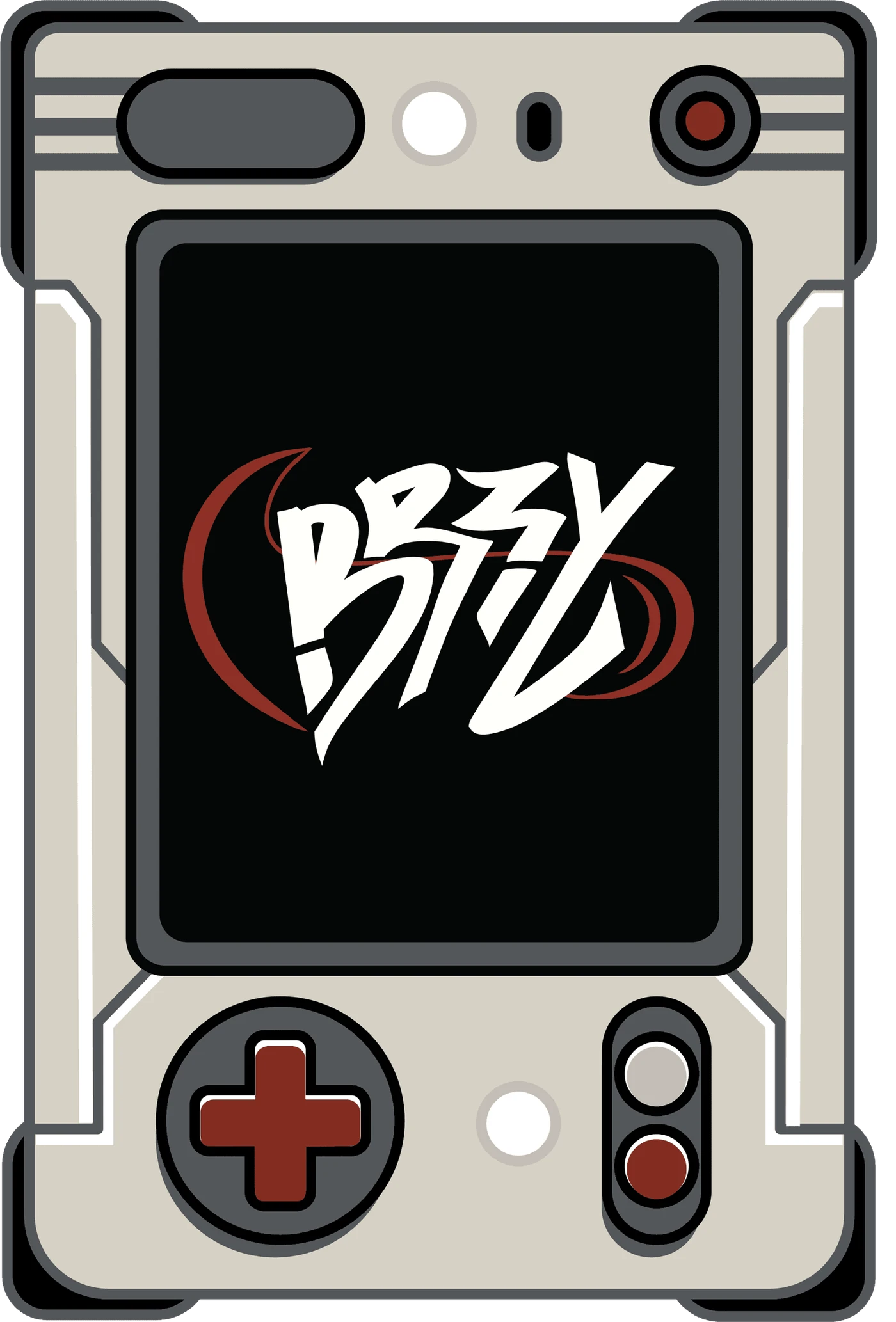 Cream handheld console with the BRZY logo on screen