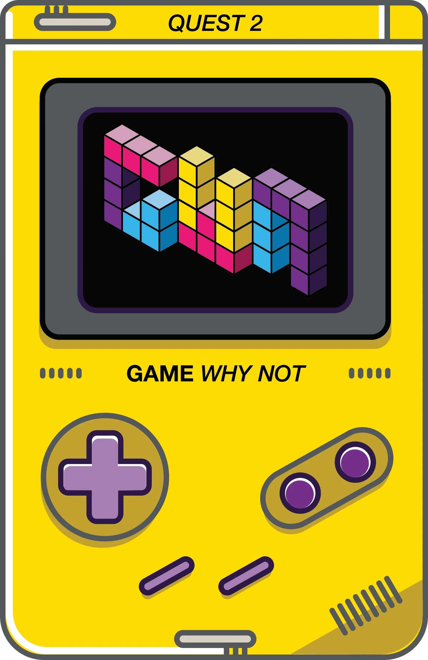 Yellow Game Boy-style device labelled Quest 2, Game Why Not