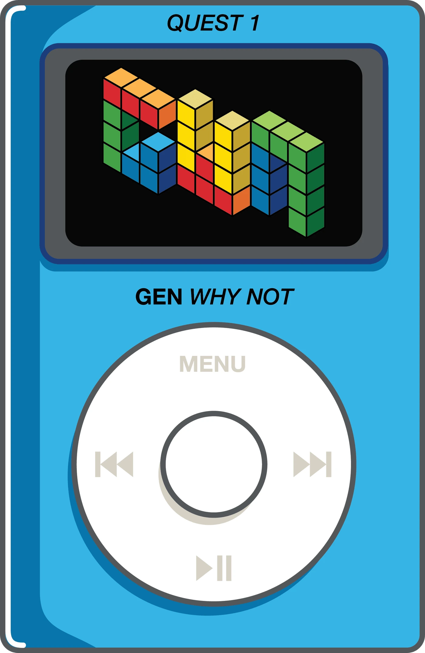 Blue iPod-style device labelled Quest 1, Gen Why Not